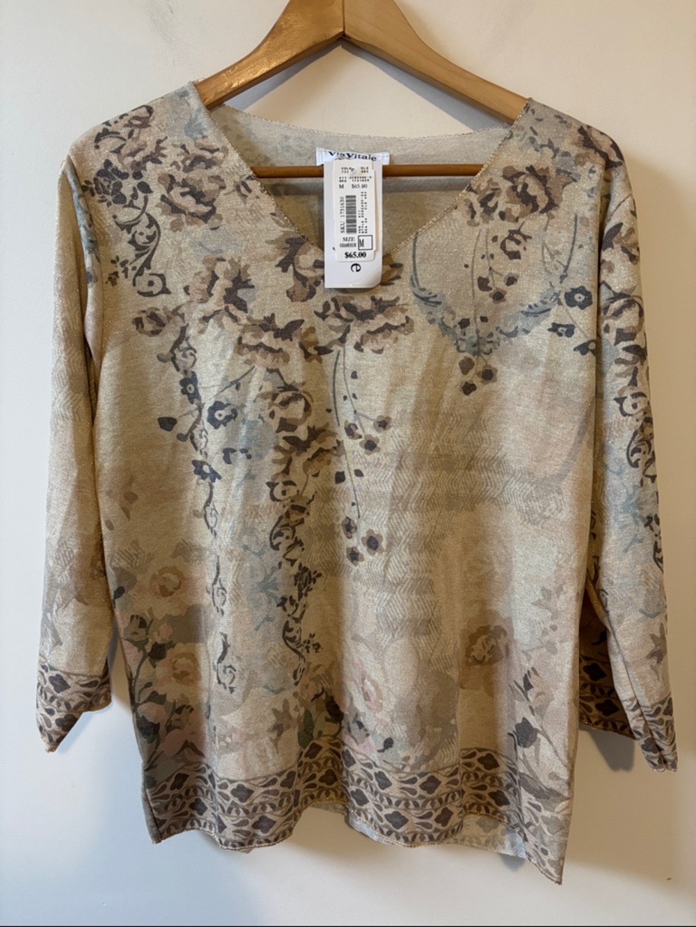 Via Vitale Beige Floral Print Top with Taupe Accents